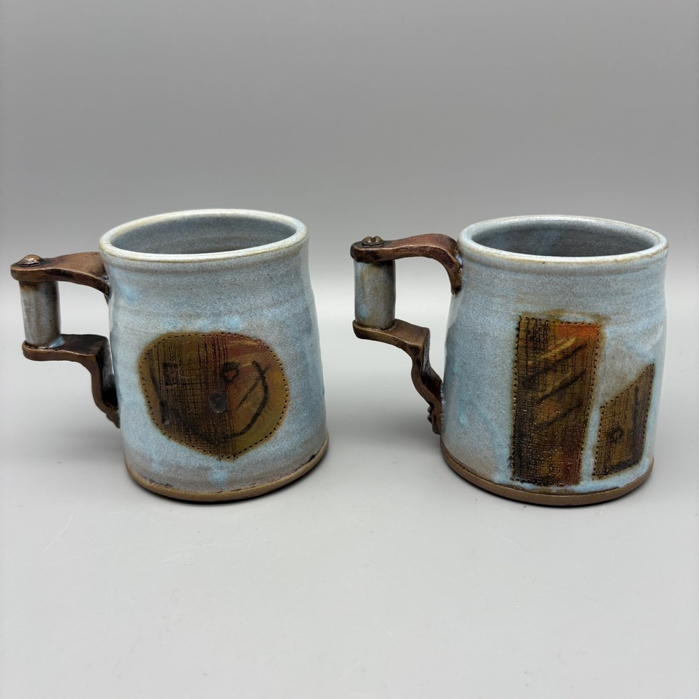 Art Pottery Mugs By R. Madden Signed Set Of 2 Blue And Metal